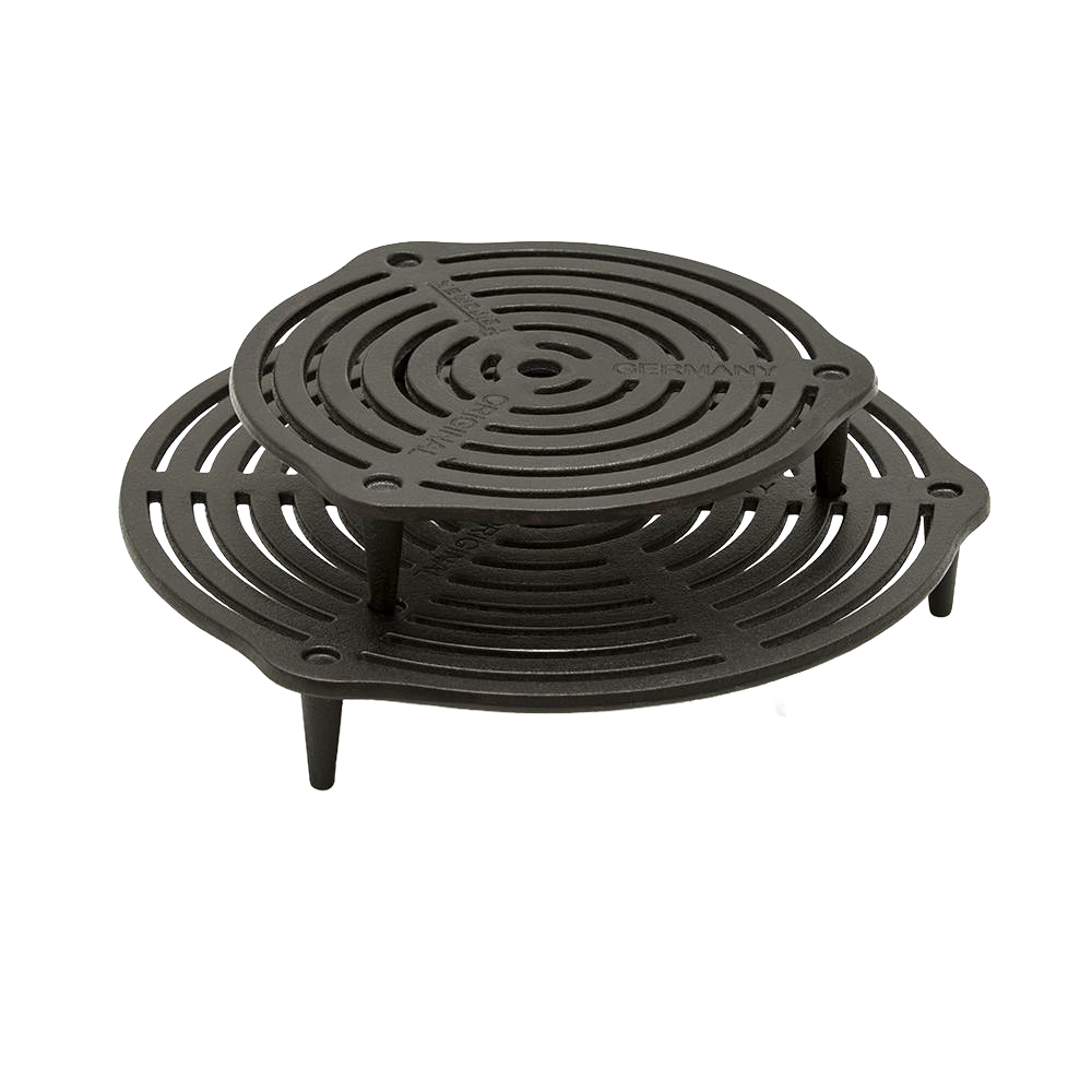 Two-tier cast iron stack grate with sturdy legs for even heat distribution, ideal for Dutch ovens, featured in Farm, Garden & Tool, Kitchen & Food, Camping, Cookware, Cast Iron, and Best Sellers collections.