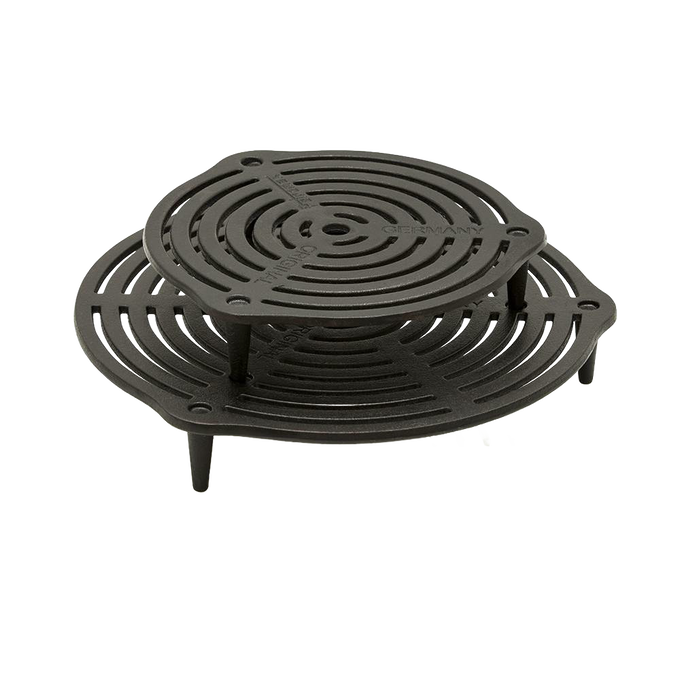 Two-tier cast iron stack grate with sturdy legs for even heat distribution, ideal for Dutch ovens, featured in Farm, Garden & Tool, Kitchen & Food, Camping, Cookware, Cast Iron, and Best Sellers collections.