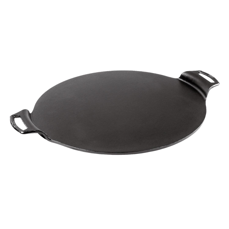 Handcrafted cast iron pizza pan with dual handles and a rimless design for edge-to-edge baking, naturally seasoned for durability, featured in Kitchen & Food, Cookware, Cast Iron, USA Made, and Best Sellers collections.