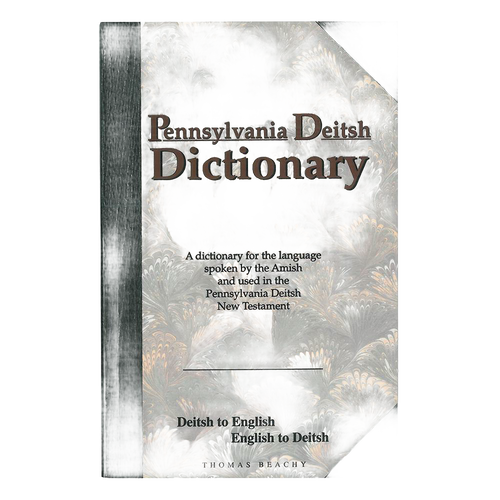 Paperback Pennsylvania Deitsh Dictionary featuring Deitsh to English and English to Deitsh translations, with a marbled cover and black spine, part of Heritage and Lifestyle Books collections.