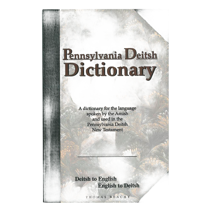 Paperback Pennsylvania Deitsh Dictionary featuring Deitsh to English and English to Deitsh translations, with a marbled cover and black spine, part of Heritage and Lifestyle Books collections.