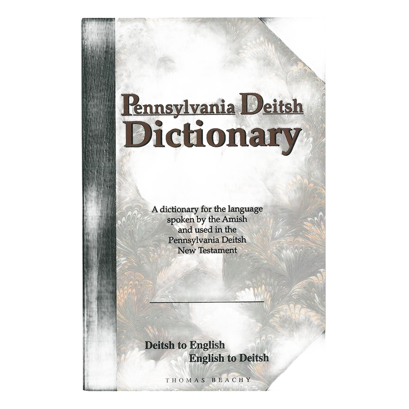 Paperback Pennsylvania Deitsh Dictionary featuring Deitsh to English and English to Deitsh translations, with a marbled cover and black spine, part of Heritage and Lifestyle Books collections.