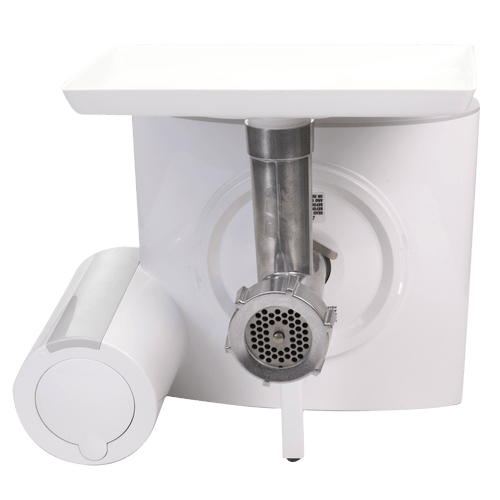 White food and meat grinder attachment with stainless steel grinding plate, designed for use with Bosch Universal Mixers, ideal for Kitchen & Food, Kitchen Gadgets, and Butchering Supplies collections.