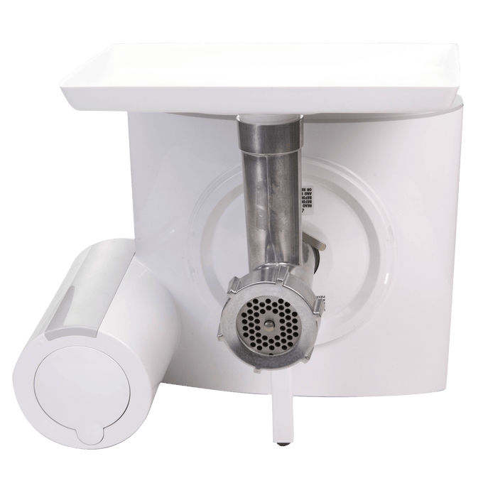 White food and meat grinder attachment with stainless steel grinding plate, designed for use with Bosch Universal Mixers, ideal for Kitchen & Food, Kitchen Gadgets, and Butchering Supplies collections.
