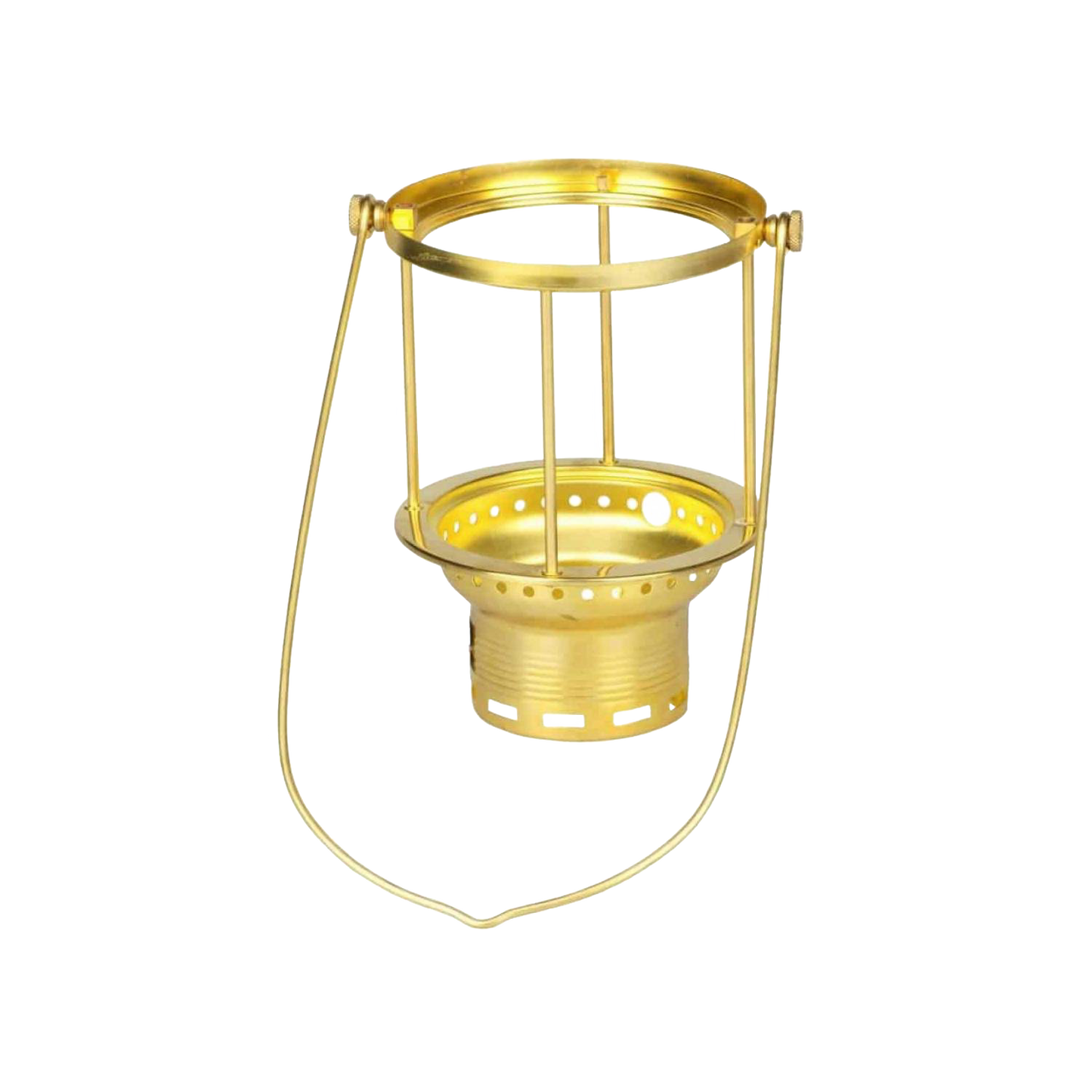 Brass carrying frame with centering base and screw designed for secure mounting of glass cylinders and upper parts on pressure lamps, featured in Lamps & Lighting and Parts and Accessories collections.