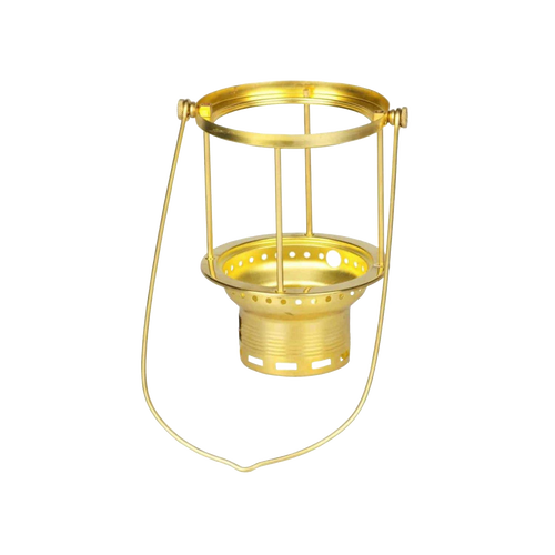 Brass carrying frame with centering base and screw designed for secure mounting of glass cylinders and upper parts on pressure lamps, featured in Lamps & Lighting and Parts and Accessories collections.