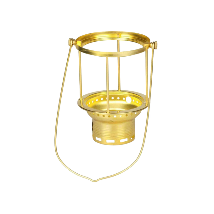 Brass carrying frame with centering base and screw designed for secure mounting of glass cylinders and upper parts on pressure lamps, featured in Lamps & Lighting and Parts and Accessories collections.