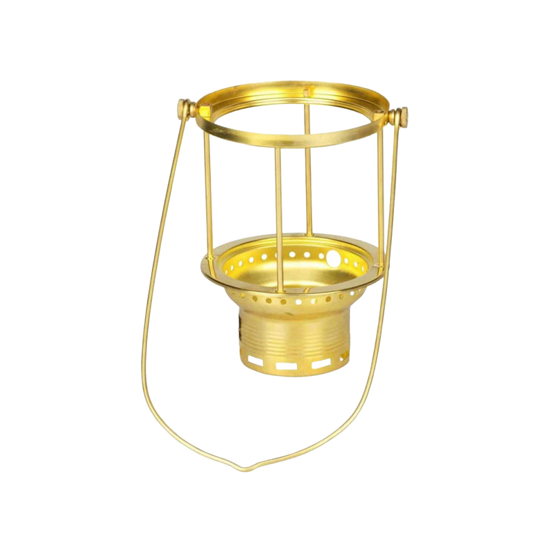 Brass carrying frame with centering base and screw designed for secure mounting of glass cylinders and upper parts on pressure lamps, featured in Lamps & Lighting and Parts and Accessories collections.