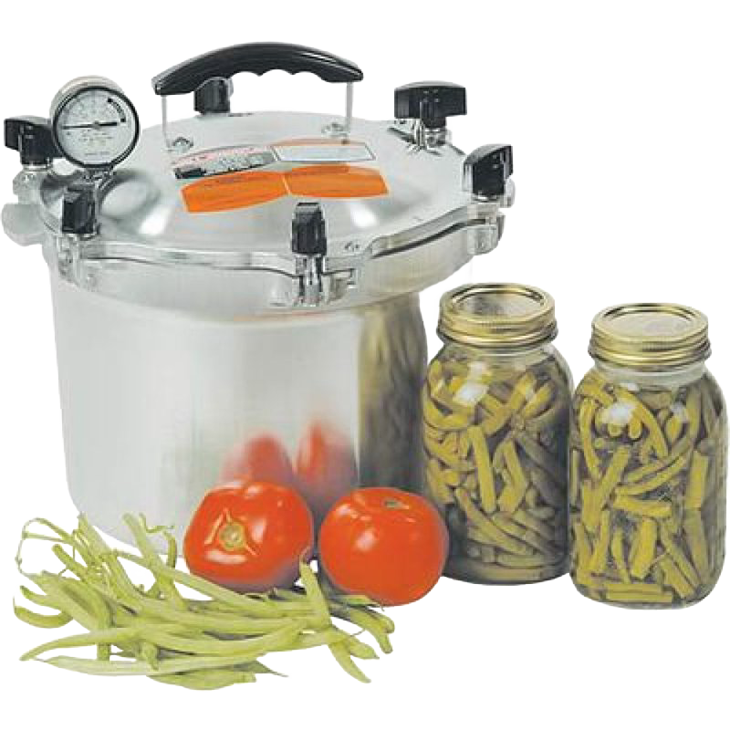 High-quality pressure canner with pressure gauge and clamp lid, accompanied by fresh tomatoes, green beans, and two jars of preserved green beans, highlighting food preservation in Kitchen & Food collections.