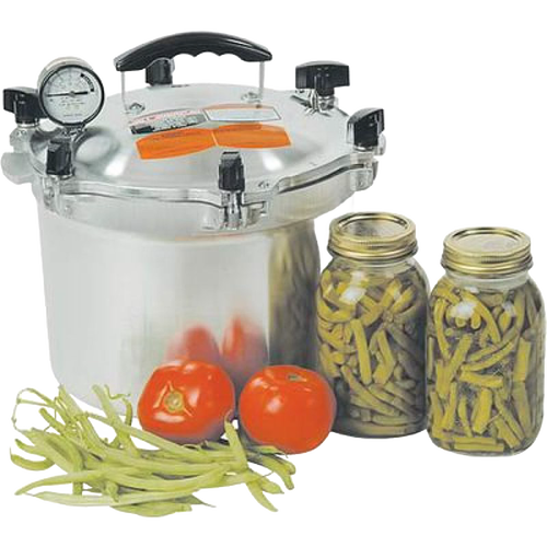 High-quality pressure canner with pressure gauge and clamp lid, accompanied by fresh tomatoes, green beans, and two jars of preserved green beans, highlighting food preservation in Kitchen & Food collections.