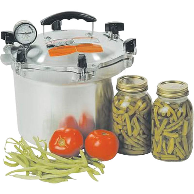 High-quality pressure canner with pressure gauge and clamp lid, accompanied by fresh tomatoes, green beans, and two jars of preserved green beans, highlighting food preservation in Kitchen & Food collections.