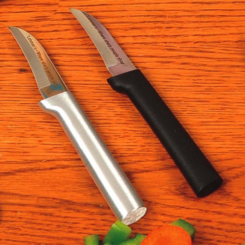 Pair of handcrafted Rada Granny Parer knives with high carbon surgical stainless steel blades and solid aluminum and black handles, made in USA, featured in Kitchen & Food collections.