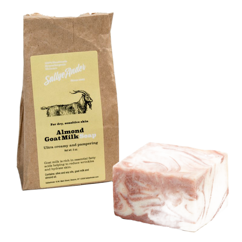 Handcrafted hypoallergenic almond goat milk soap bar with creamy swirls of beige and soft pink, made in USA, ideal for Health & Wellness, Grooming and Personal Hygiene, and Soaps collections.