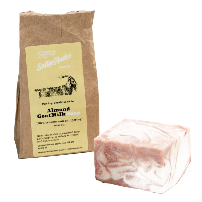 Handcrafted hypoallergenic almond goat milk soap bar with creamy swirls of beige and soft pink, made in USA, ideal for Health & Wellness, Grooming and Personal Hygiene, and Soaps collections.