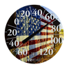 Round hanging dial thermometer featuring an American flag backdrop with large, clear numbers for easy temperature reading, suitable for farm, garden, and outdoor use.