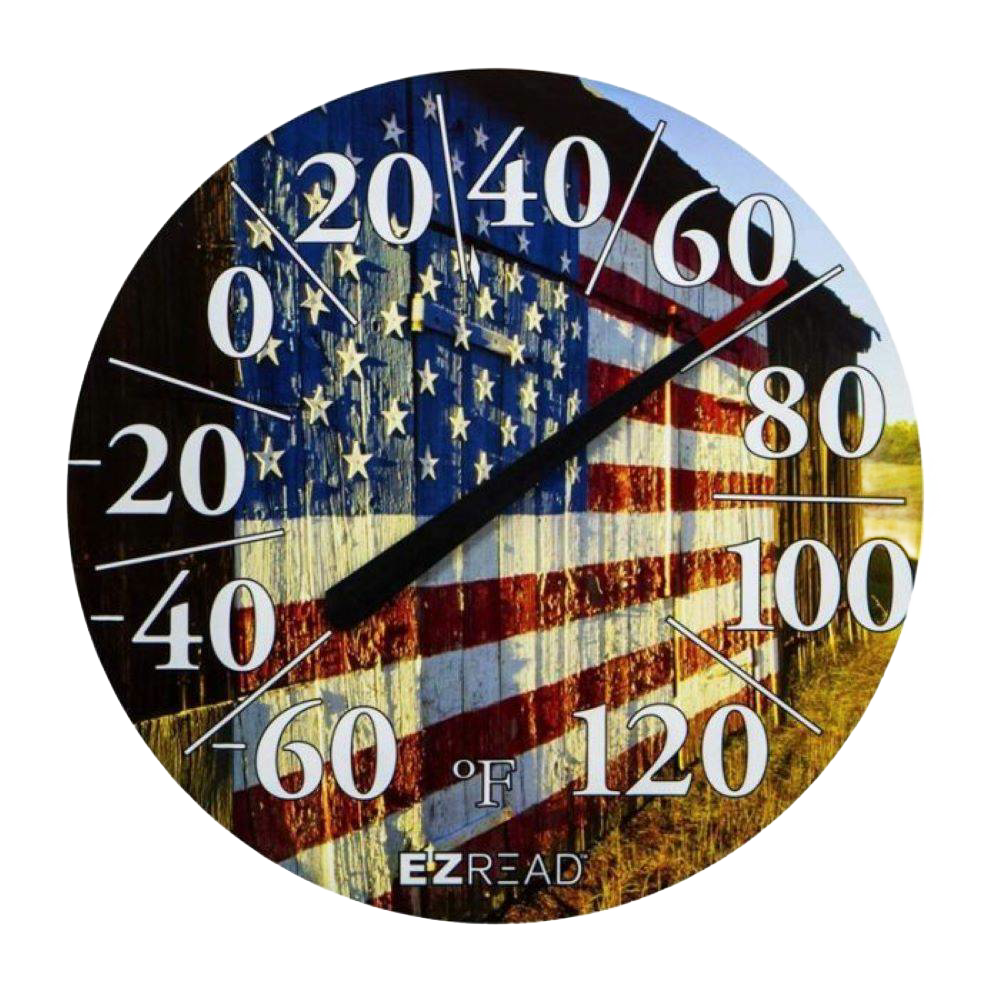 Round hanging dial thermometer featuring an American flag backdrop with large, clear numbers for easy temperature reading, suitable for farm, garden, and outdoor use.