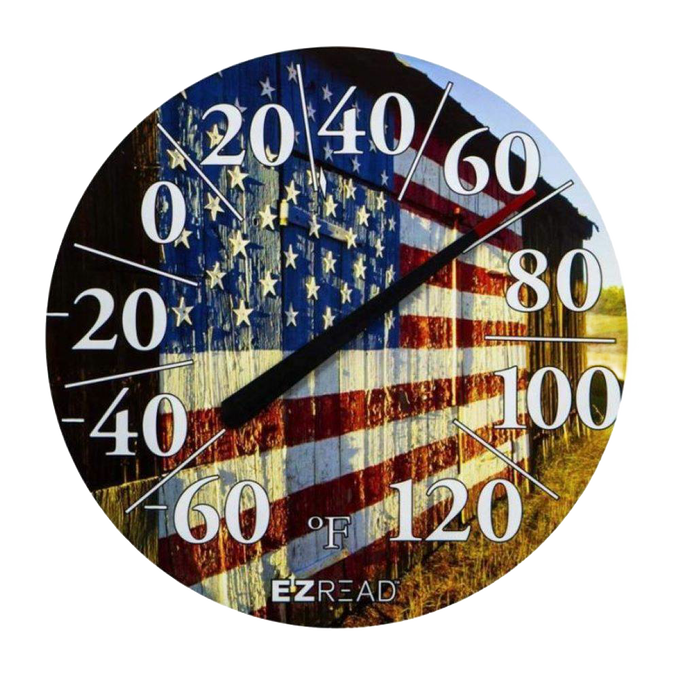 Round hanging dial thermometer featuring an American flag backdrop with large, clear numbers for easy temperature reading, suitable for farm, garden, and outdoor use.