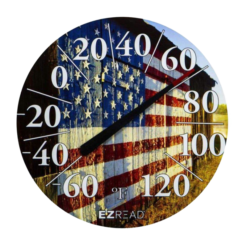 Round hanging dial thermometer featuring an American flag backdrop with large, clear numbers for easy temperature reading, suitable for farm, garden, and outdoor use.