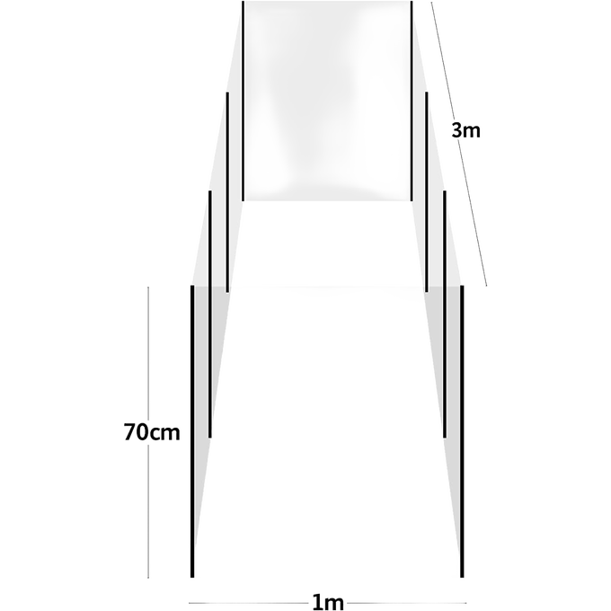 Diagram showing dimensions of a micromesh pest and wind barrier with 0.6mm mesh and integral bamboo supports, measuring 1 meter wide, 0.7 meters tall, and 3 meters deep for garden protection.