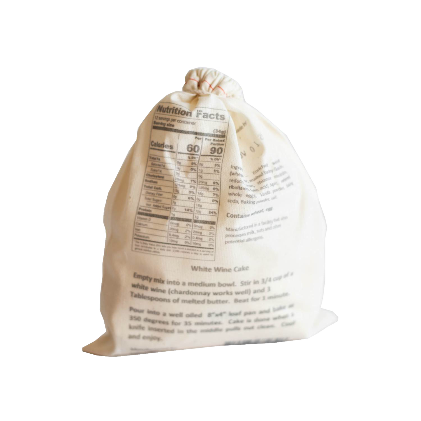 Natural fabric drawstring bag with Amish handcrafted cake mix featuring detailed nutrition facts and baking instructions, ideal for Kitchen & Food, Pantry, Dry Goods and Mixes, Best Sellers, Promo Eligible collections.