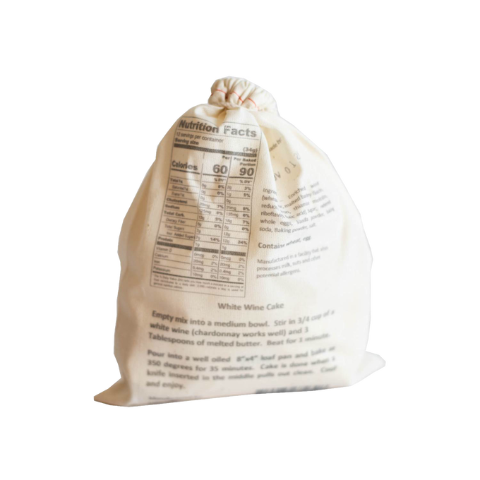 Natural fabric drawstring bag with Amish handcrafted cake mix featuring detailed nutrition facts and baking instructions, ideal for Kitchen & Food, Pantry, Dry Goods and Mixes, Best Sellers, Promo Eligible collections.