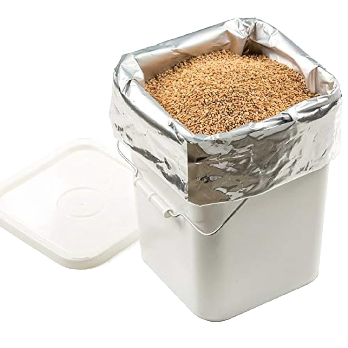 Large silver mylar bag filled with dry grains inside a white plastic container with lid off, ideal for long-term food storage, featured in Kitchen & Food, Grain Mills, USA Made, and Best Sellers collections.