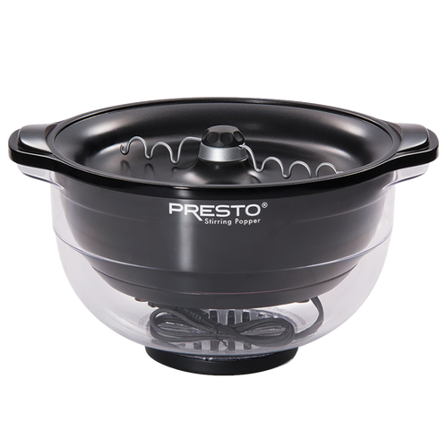 Black electric stirring popper with clear base and motorized scalloped stirring arm designed for even popcorn popping, ideal for Kitchen & Food, Popcorn, and Best Sellers collections.
