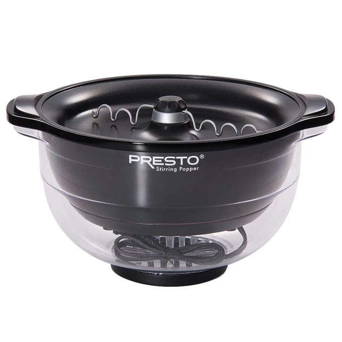 Black electric stirring popper with clear base and motorized scalloped stirring arm designed for even popcorn popping, ideal for Kitchen & Food, Popcorn, and Best Sellers collections.