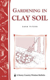 Cover of a gardening guide focused on clay soil featuring a simple illustration of a gardener using a fork tool among plants, with gardening tools along the red spine, ideal for home and garden how-to book collections.