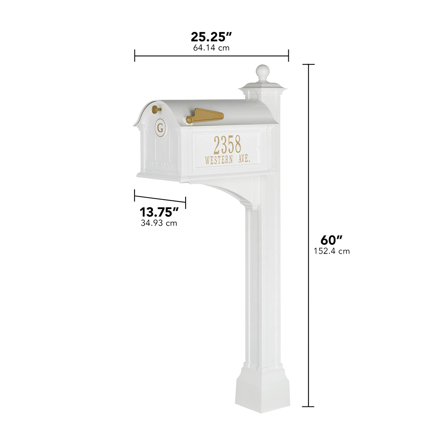 White and gold custom mailbox with monogram and street address on a tall post, handcrafted in USA, featured in Home & Decor, Household Helpers, Mailboxes and Address Signs, and USA Made collections.