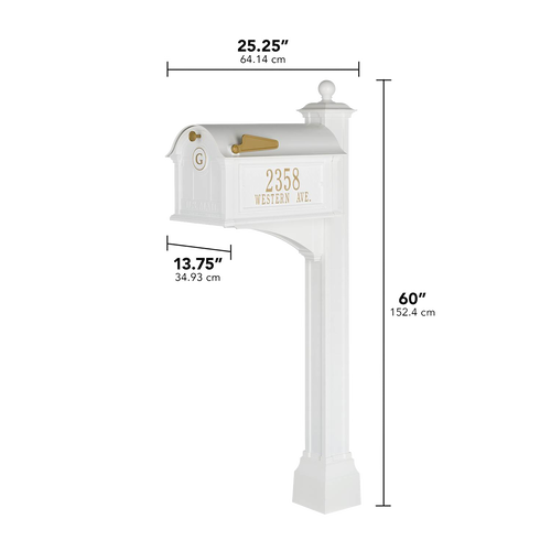 White and gold custom mailbox with monogram and street address on a tall post, handcrafted in USA, featured in Home & Decor, Household Helpers, Mailboxes and Address Signs, and USA Made collections.