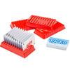Set of four bright red plastic card racks with one rack holding numbered cards arranged in sequence and a deck of cards nearby, ideal for Toys, Books & Games, Children's Toys, Games and Puzzles, Table and Board Games, Best Sellers, Promo Eligible, and Sale collections.