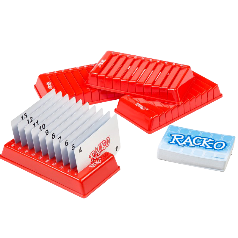 Set of four bright red plastic card racks with one rack holding numbered cards arranged in sequence and a deck of cards nearby, ideal for Toys, Books & Games, Children's Toys, Games and Puzzles, Table and Board Games, Best Sellers, Promo Eligible, and Sale collections.