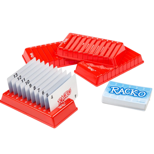 Set of four bright red plastic card racks with one rack holding numbered cards arranged in sequence and a deck of cards nearby, ideal for Toys, Books & Games, Children's Toys, Games and Puzzles, Table and Board Games, Best Sellers, Promo Eligible, and Sale collections.