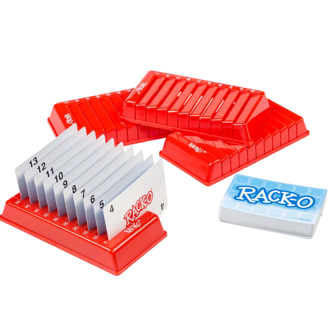 Set of four bright red plastic card racks with one rack holding numbered cards arranged in sequence and a deck of cards nearby, ideal for Toys, Books & Games, Children's Toys, Games and Puzzles, Table and Board Games, Best Sellers, Promo Eligible, and Sale collections.