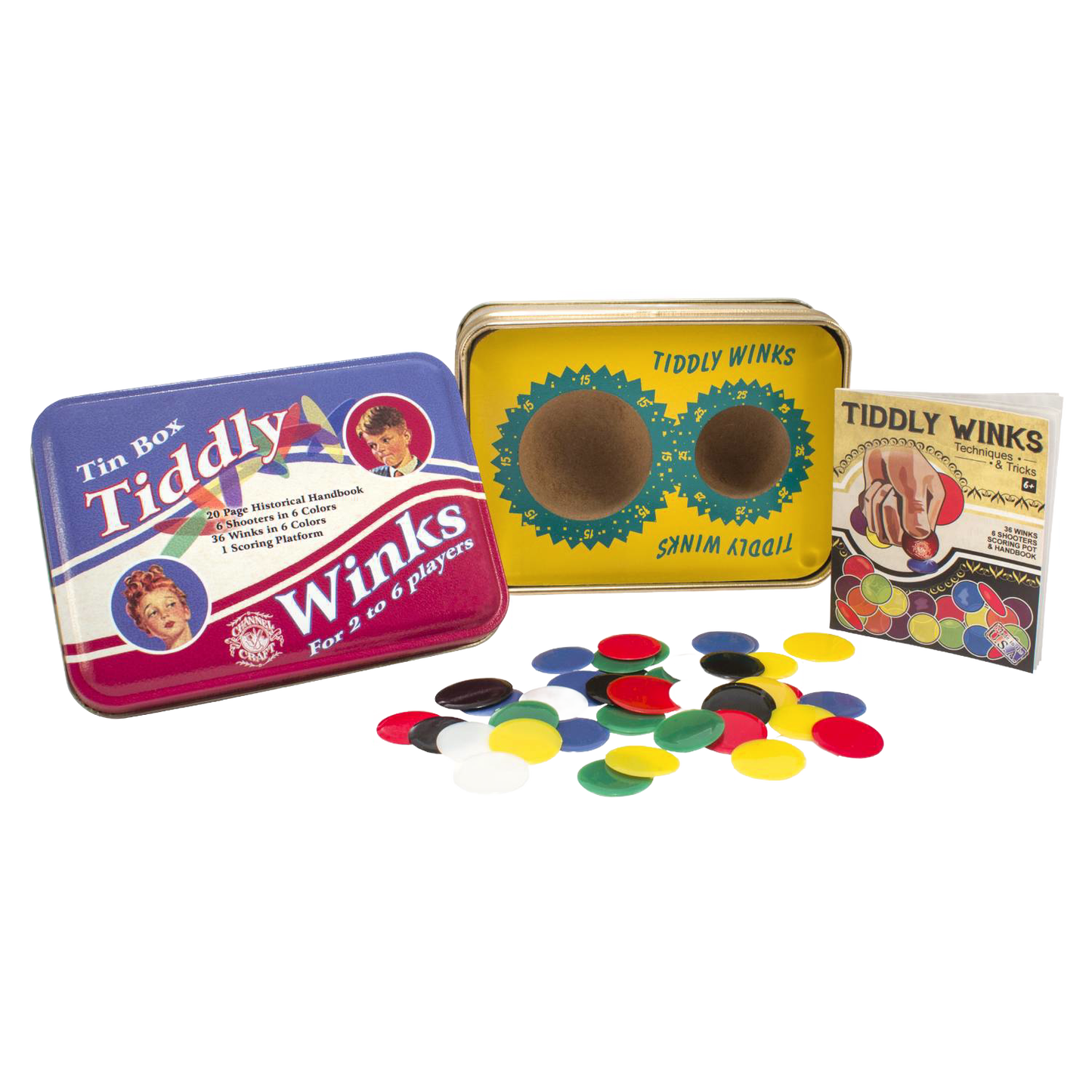 Handcrafted Tiddly Winks game in a rectangular metal tin box with vintage-style lid art, colorful winks, two shooters, and a 20-page instructional booklet, made in USA, featured in Toys, Books & Games, USA Made, Children's Toys, Games and Puzzles, Table and Board Games, Best Sellers, and Promo Eligible collections.