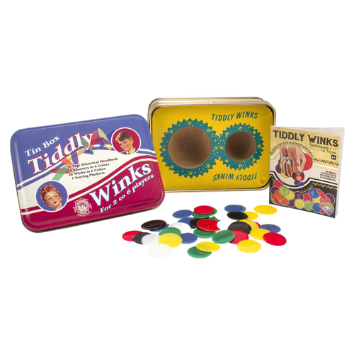 Handcrafted Tiddly Winks game in a rectangular metal tin box with vintage-style lid art, colorful winks, two shooters, and a 20-page instructional booklet, made in USA, featured in Toys, Books & Games, USA Made, Children's Toys, Games and Puzzles, Table and Board Games, Best Sellers, and Promo Eligible collections.