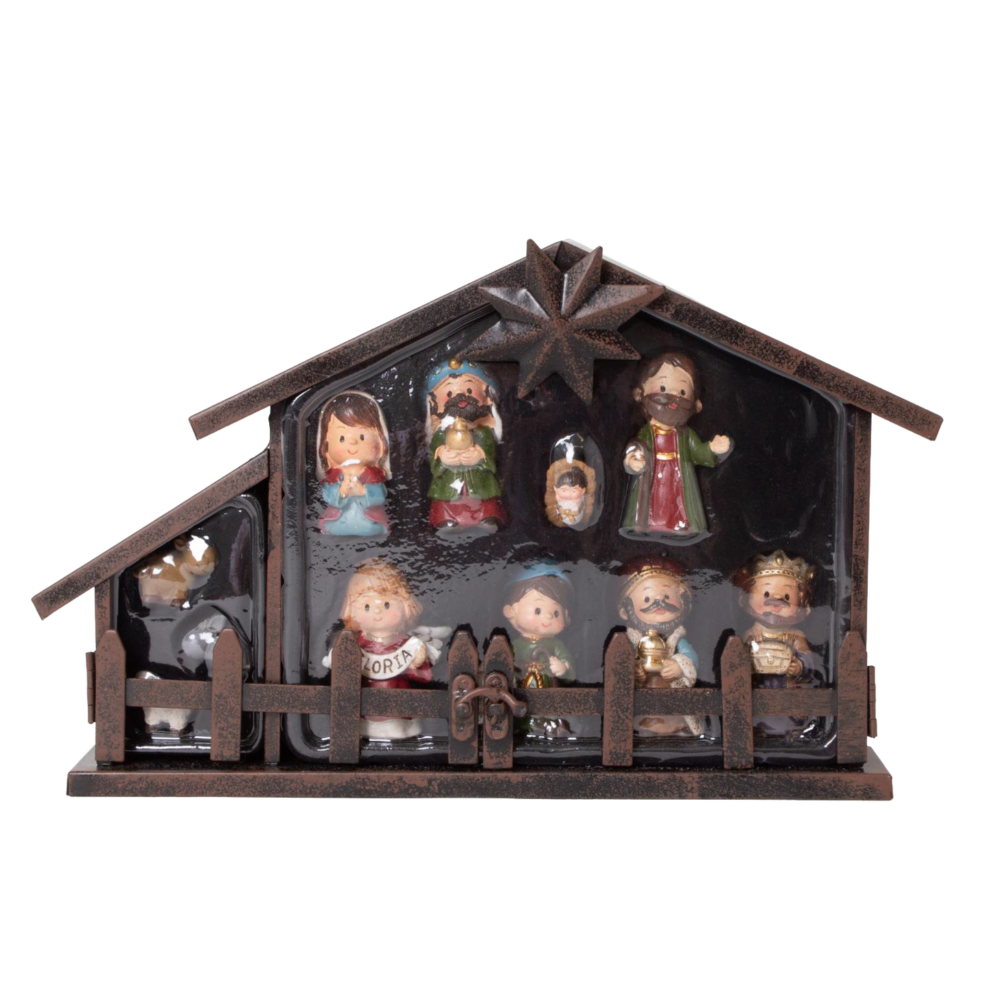 Handcrafted 11-piece nativity scene featuring colorful figurines of baby Jesus, Mary, Joseph, the three Magi, and animals in a rustic metal creche, ideal for holiday decor.