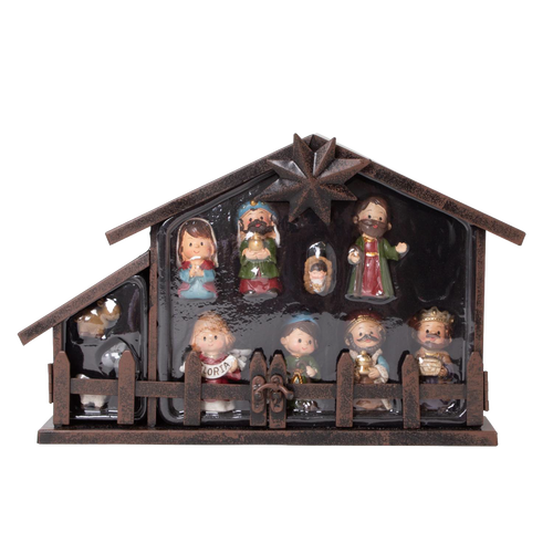 Handcrafted 11-piece nativity scene featuring colorful figurines of baby Jesus, Mary, Joseph, the three Magi, and animals in a rustic metal creche, ideal for holiday decor.