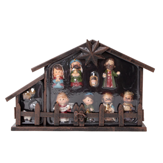 Handcrafted 11-piece nativity scene featuring colorful figurines of baby Jesus, Mary, Joseph, the three Magi, and animals in a rustic metal creche, ideal for holiday decor.
