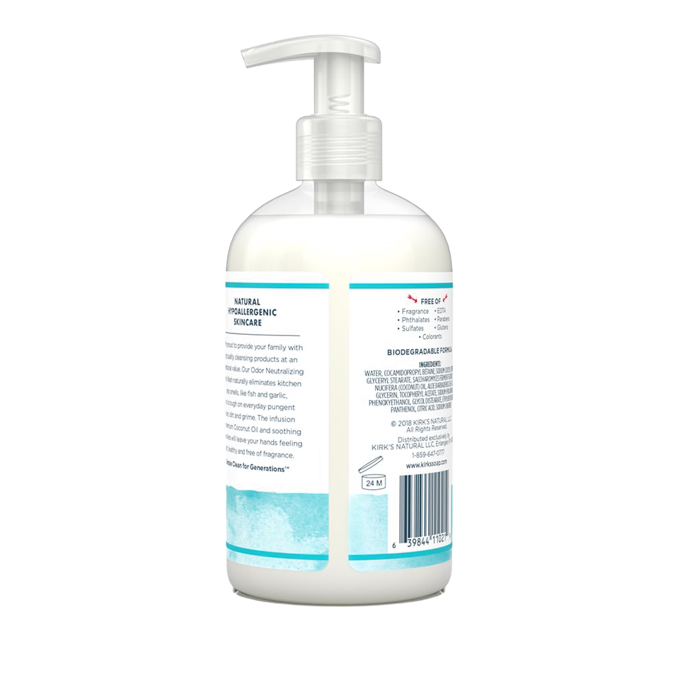 Clear plastic pump bottle filled with Kirk's Odor Neutralizing Hydrating Hand Wash, featuring a white dispenser, natural hypoallergenic skincare label, and highlighting USA made, Health & Wellness, and Soaps collections.