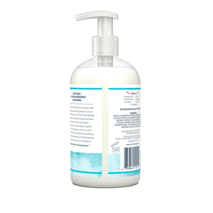 Clear plastic pump bottle filled with Kirk's Odor Neutralizing Hydrating Hand Wash, featuring a white dispenser, natural hypoallergenic skincare label, and highlighting USA made, Health & Wellness, and Soaps collections.