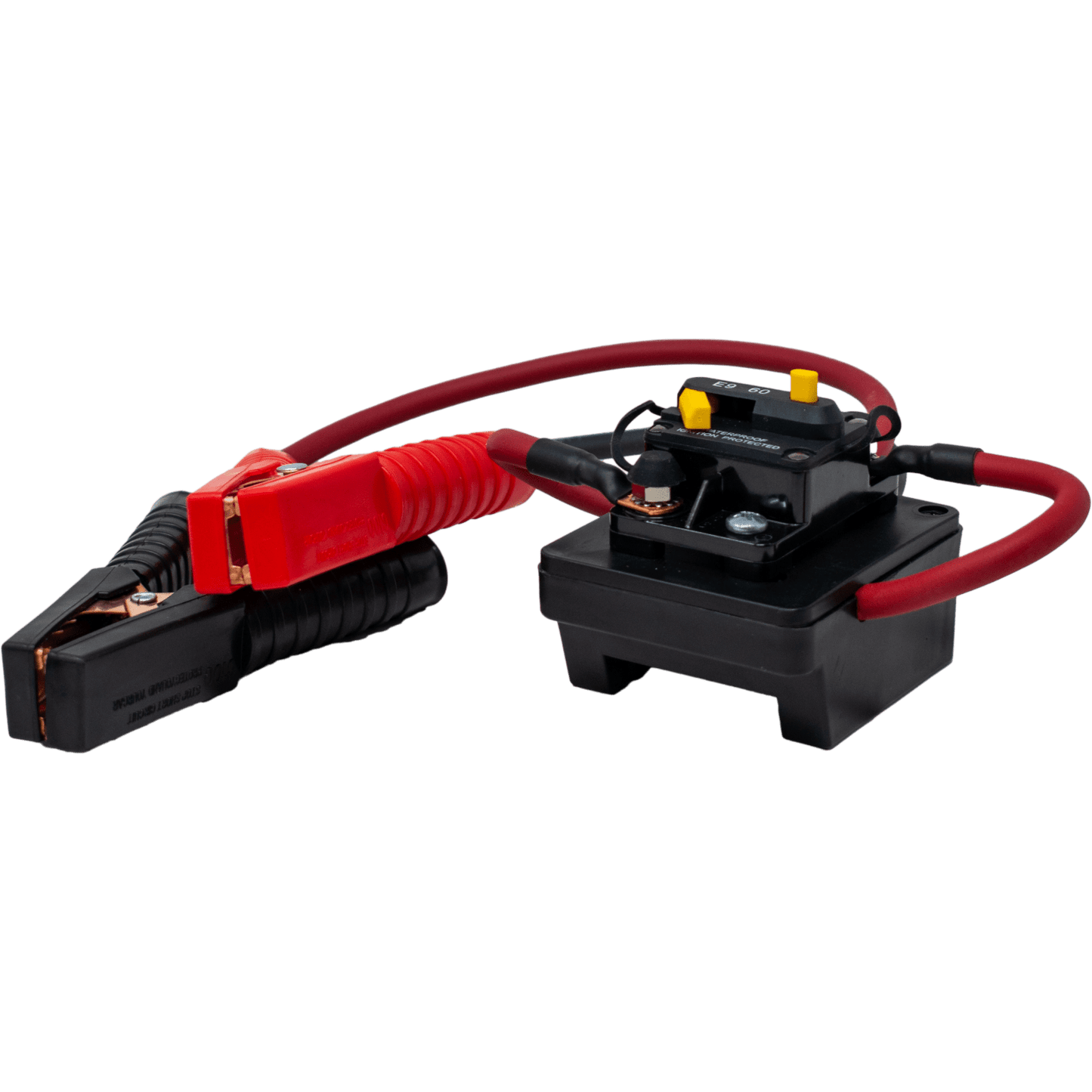 Compact jump start unit with heavy-duty red and black clamps and sturdy black base, compatible with Milwaukee and DeWalt batteries, ideal for Farm, Garden & Tool and Hand Tools collections.