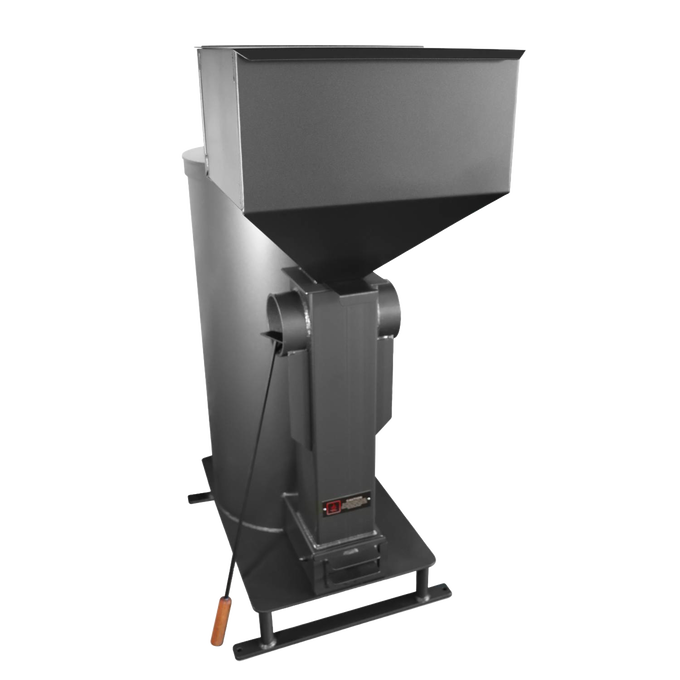 Black metal rocket heater with large pellet hopper and sturdy base, designed for efficient wood and pellet burning, featured in stoves, heatstoves, and best sellers collections.