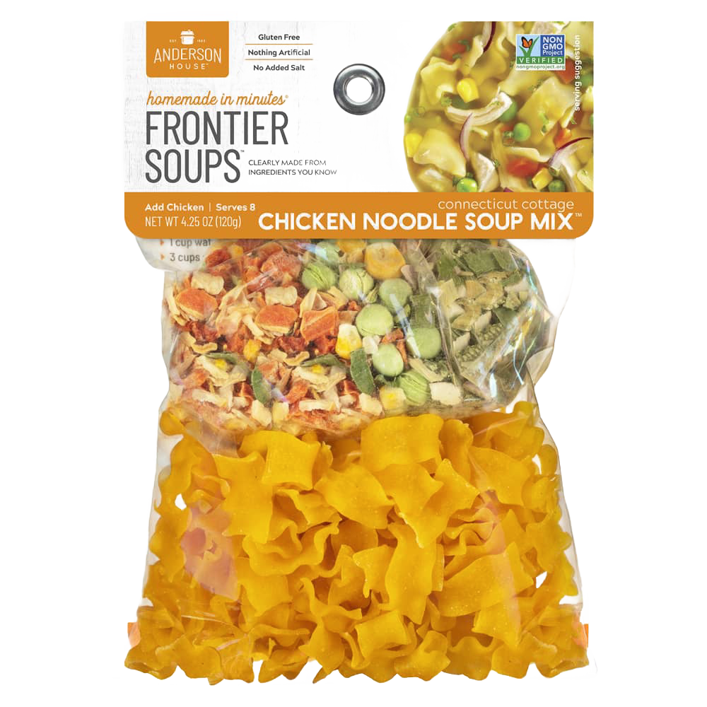 Clear package of handcrafted gluten-free chicken noodle soup mix featuring natural dried vegetables and pasta, part of Kitchen & Food, Pantry, Dry Goods and Mixes, Soups, Best Sellers, and Promo Eligible collections.
