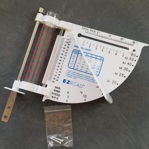 White weather meter with clear rain gauge tube, temperature and wind speed measurements, metal mounting bracket, and included screws, ideal for Farm, Garden & Tool and Garden Accessories collections.