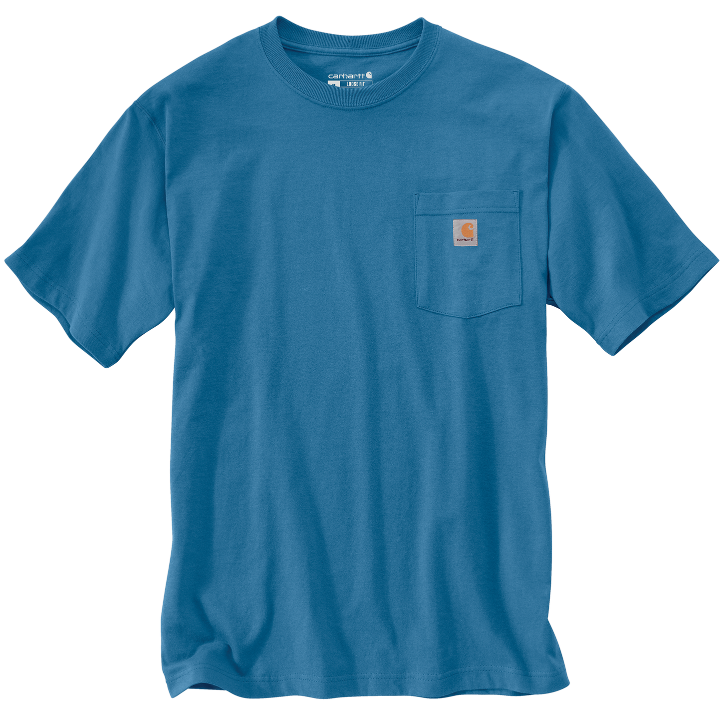 Handcrafted heavyweight cotton short-sleeve t-shirt in blue with a rib-knit crewneck and chest pocket featuring a stitched logo patch, perfect for Health & Wellness, Clothing and Accessories, Best Sellers, and Promo Eligible collections.