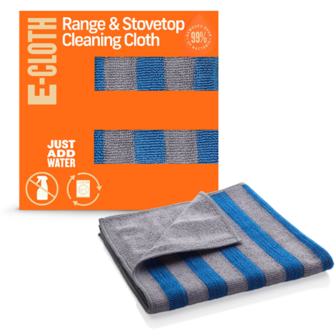 Folded gray and blue striped e-Cloth microfiber cleaning cloth designed for chemical-free kitchen cleaning, part of Home & Decor, Household Cleaning, Cleaning Utensils and Gadgets, Best Sellers, Promo Eligible collections with just water needed.