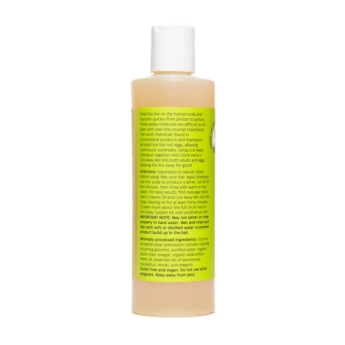 Bottle of Uncle Harry's Lice Away Shampoo featuring a plant-based formula made in USA, safe for all ages, designed for Health & Wellness, Health Remedies, and Grooming and Personal Hygiene collections.