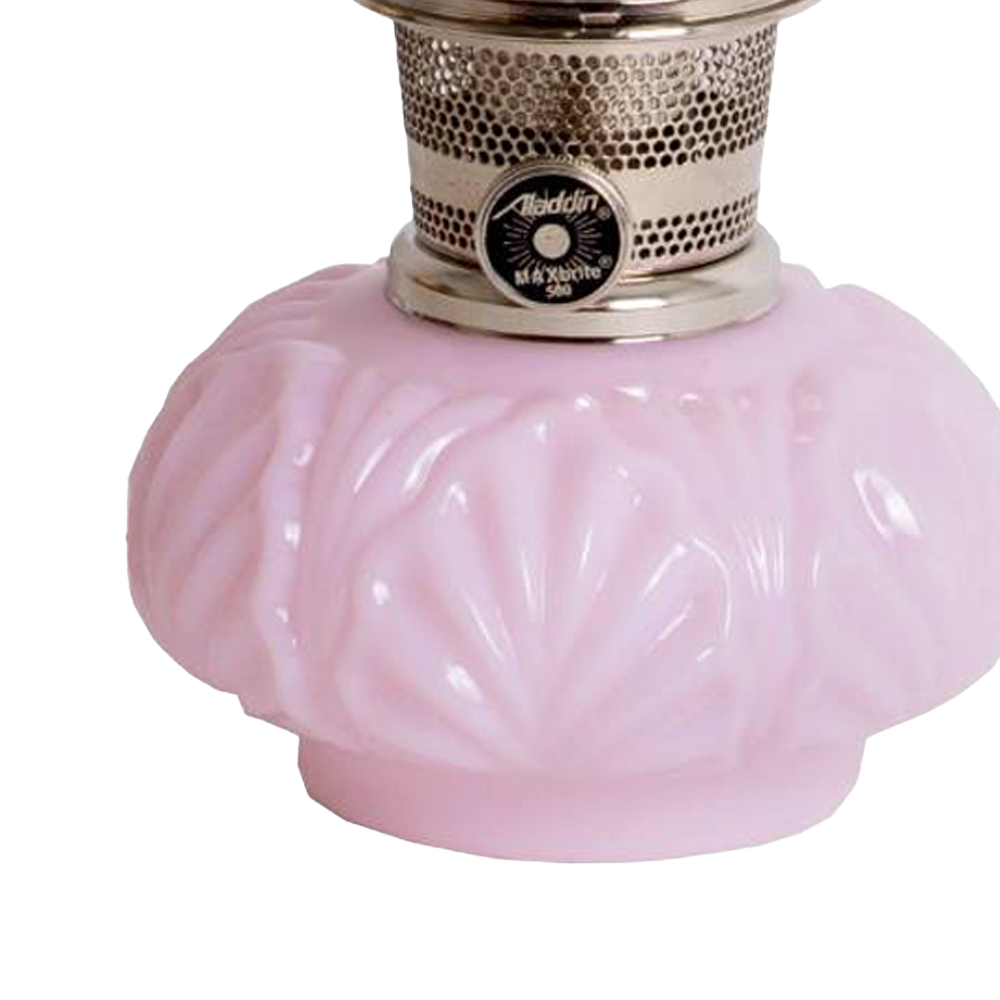 Handcrafted limited edition oil lamp featuring a pale pink Crown Tuscan glass base with detailed pattern, polished metal burner, ideal for Lamps & Lighting, Oil Lamps, Table Lamps, Best Sellers, and Promo Eligible collections.